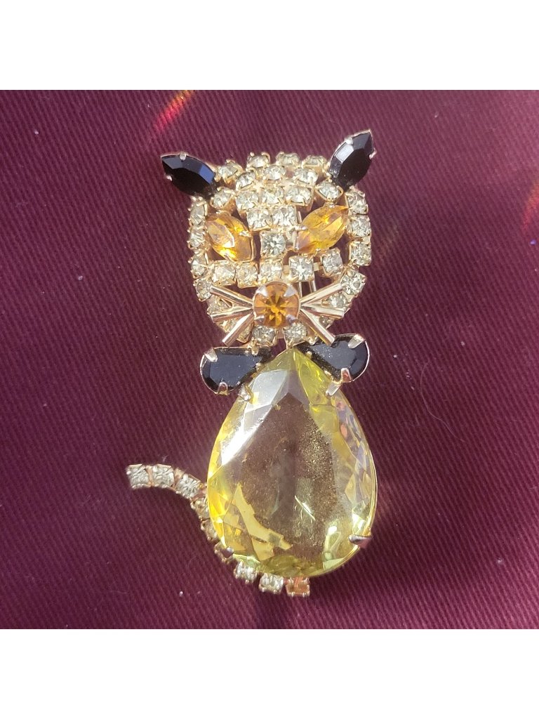 Vintage Alice Caviness Cat Brooch Pin Lemon Glass Yellow Black Rhinestones 30$